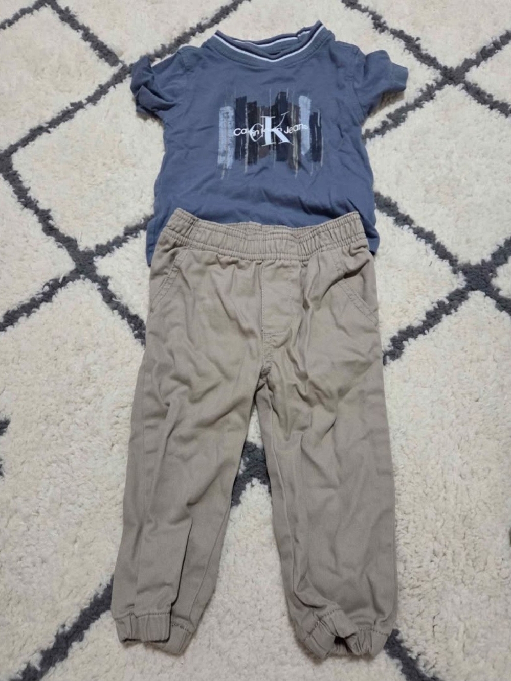 1w Months Old Outfit. Calvin Klein Blue Graphic Tee with Tan Pants